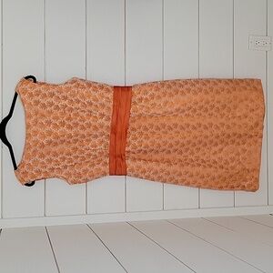 VINTAGE RETRO 60s handmade medium (?) orange leaves brocade midi dress